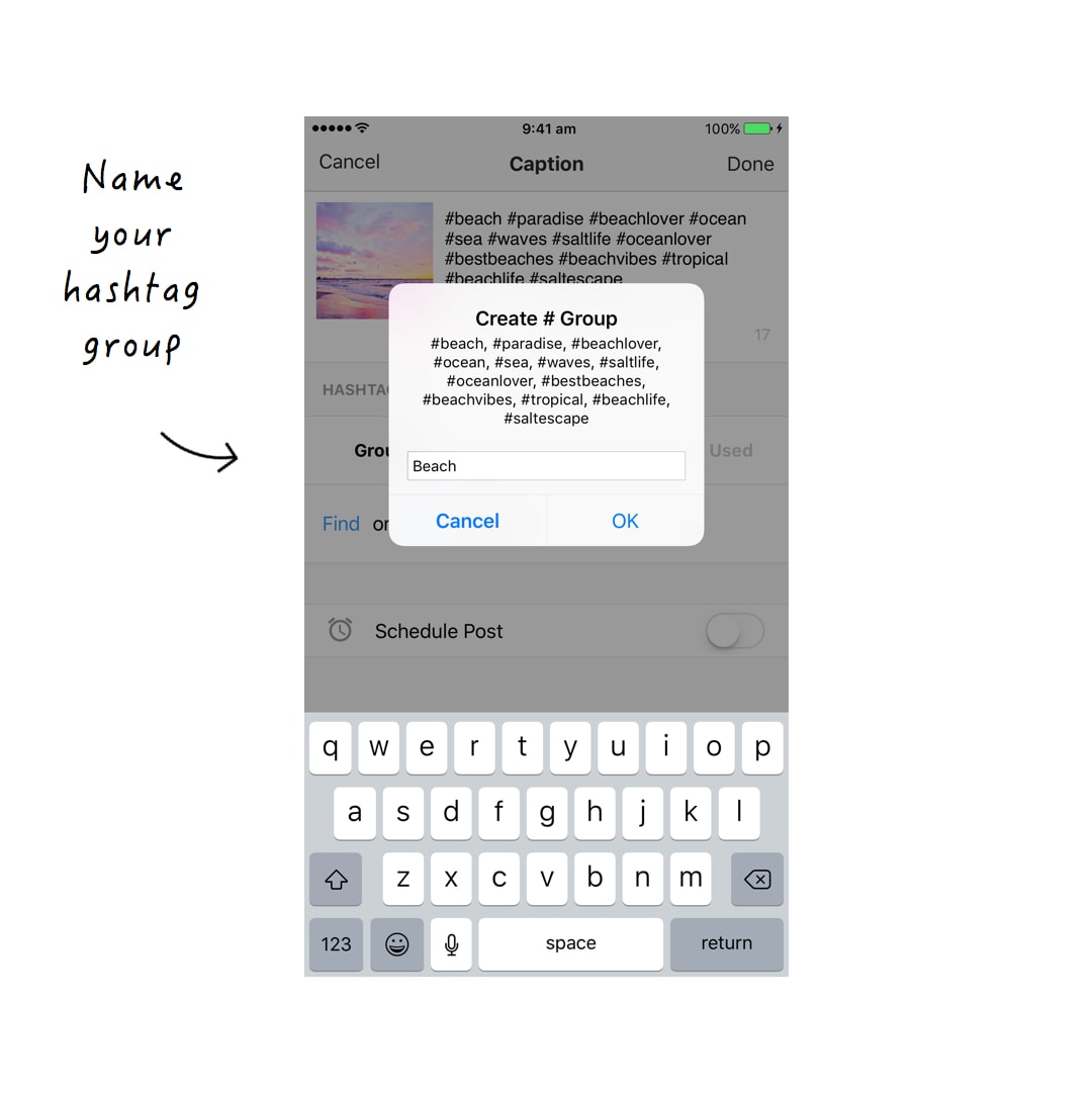 give a name to your instagram hashtag group - the quickest way to add multiple hashtags for instagram on ios