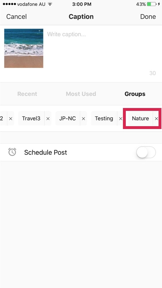 Step 2: Tap the hashtag group you want to edit, to add it to the caption.