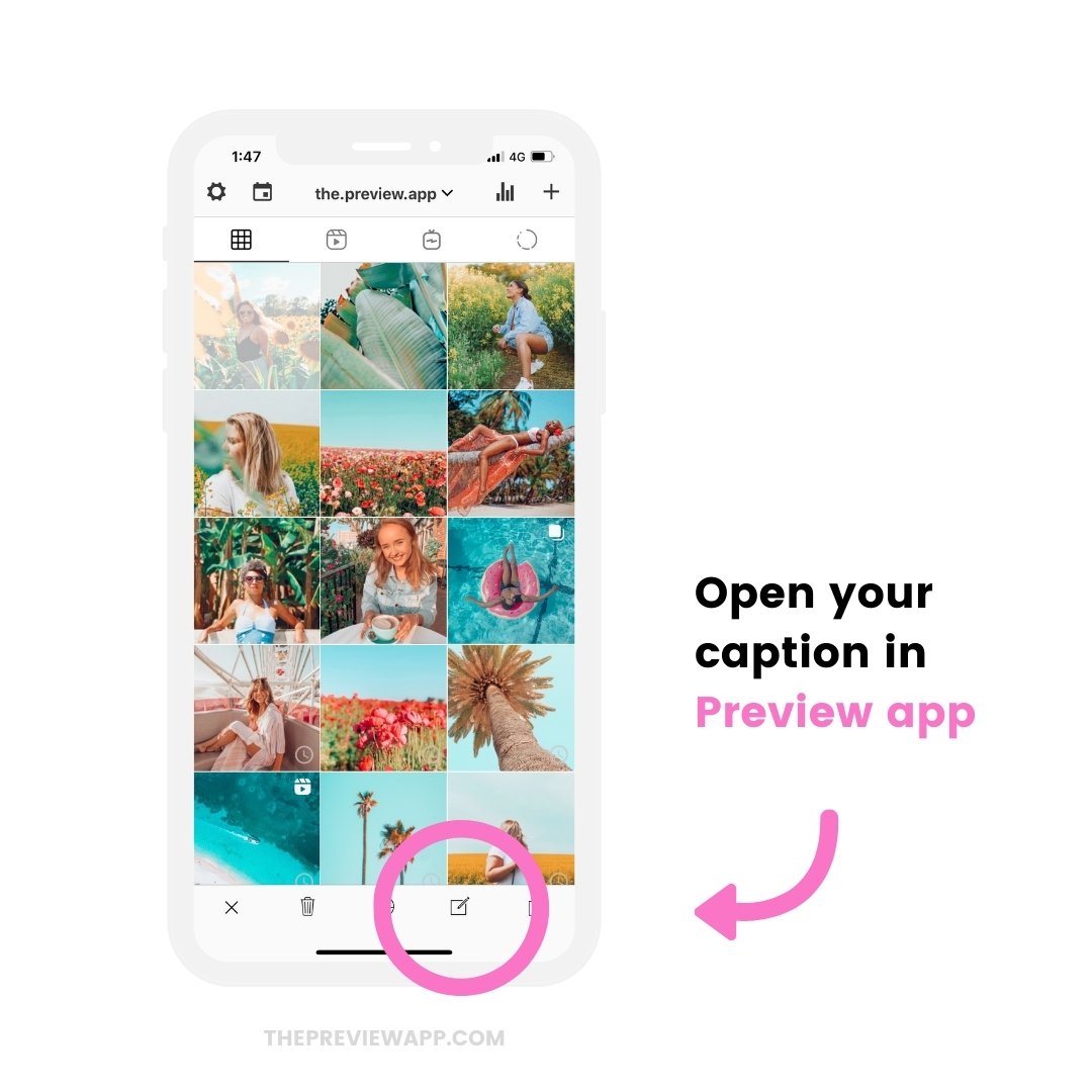 Instagram Hashtags Generator app in Preview: the caption button