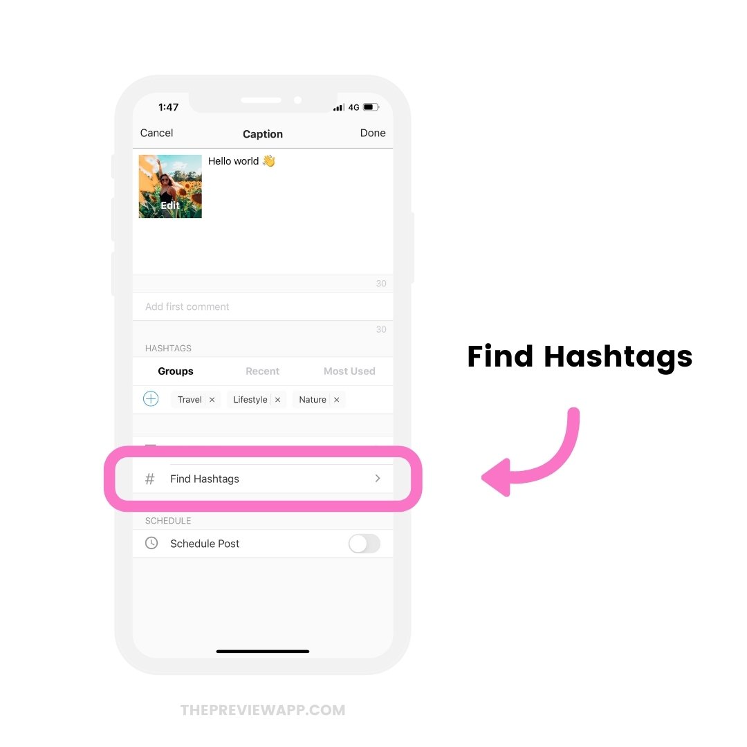 Instagram hashtag generator app in Preview: the "Find Hashtags" feature