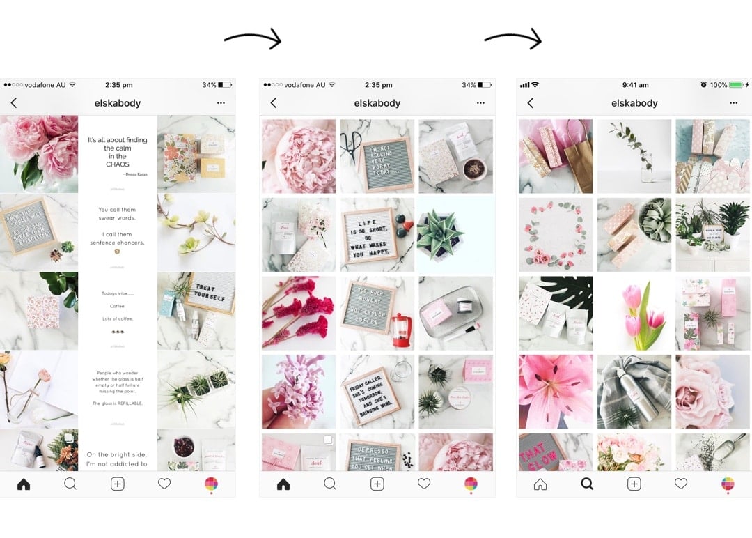 Transformaciones del feed de Instagram (antes y después de usar la aplicación de vista previa)