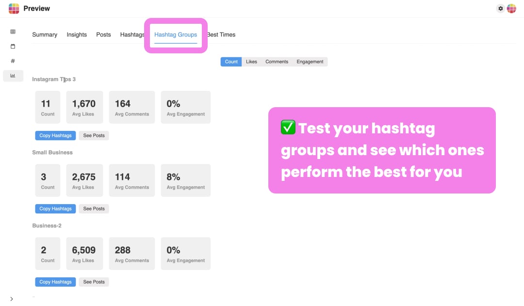 Instagram insights on Desktop: Hashtag Groups Analytics