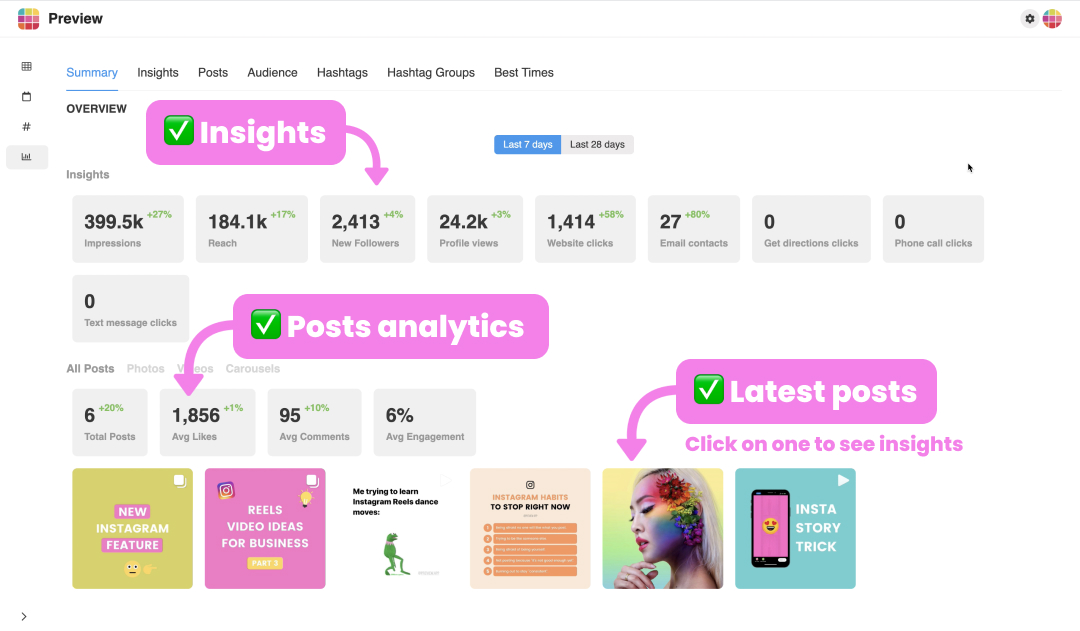 Instagram insights on Desktop: posts analytics