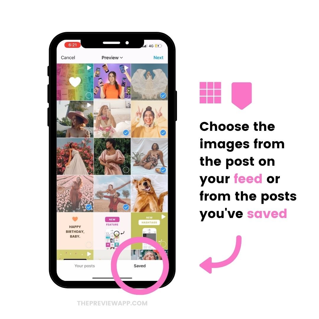 Instagram Guides post options: your posts or saved posts