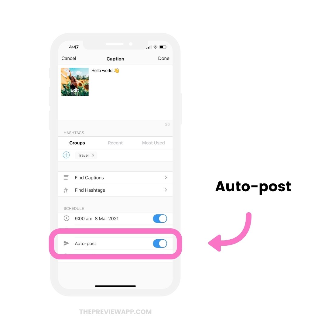 Auto-post button to automatically schedule Instagram posts with Preview