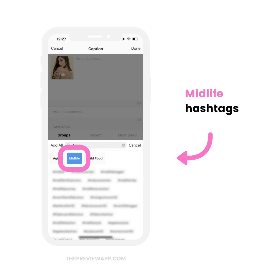 Midlife skincare Instagram hashtags in Preview app (copy and paste)