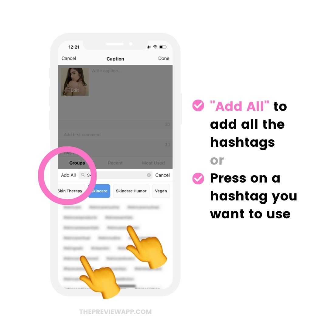 How to add the skincare Instagram hashtags in Preview caption