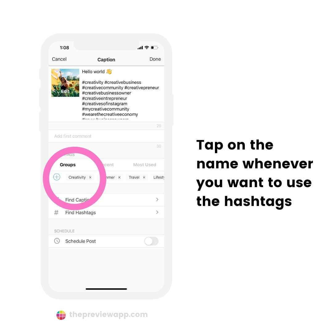 Caption in Preview app to type 3-5 hashtags for Instagram